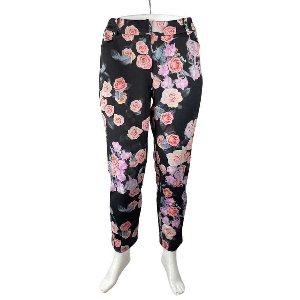 Eloquii Women Black Floral Rose High Rise Straight Casual Trousers Pants Size 18